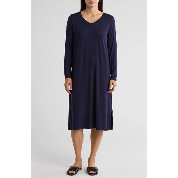 Eileen Fisher Medium Stretch Jersey Knit V-Neck Midi Dress Midnight Navy Blue - Picture 2 of 13